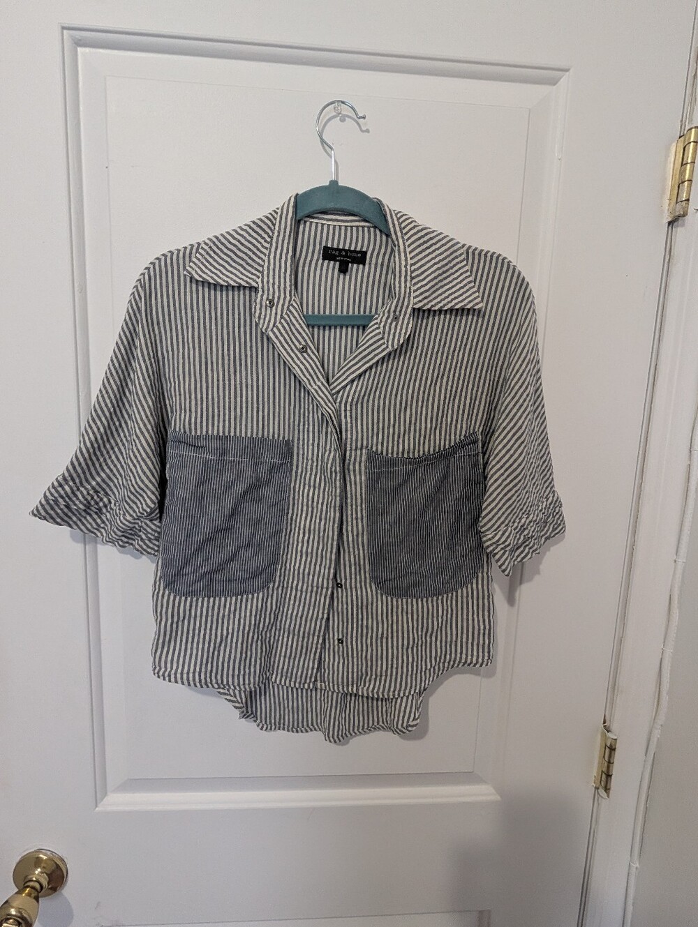 rag & bone Blue and White Vertical Stripe Short-Sleeve Button-Down Shirt